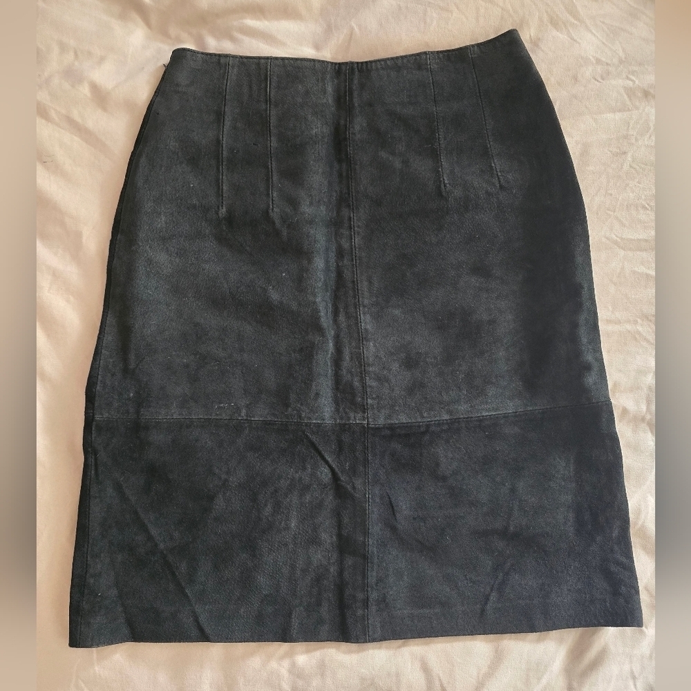 Vintage 90s Gianni Black Suede Leather Pencil Skirt Slit Sz Small (4)